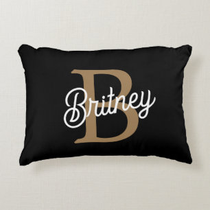 Modern Elegant Monogram Name  Black Gold Script  Decorative Cushion