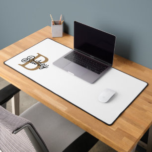 Modern Elegant Monogram Name  Black Gold Script  Desk Mat
