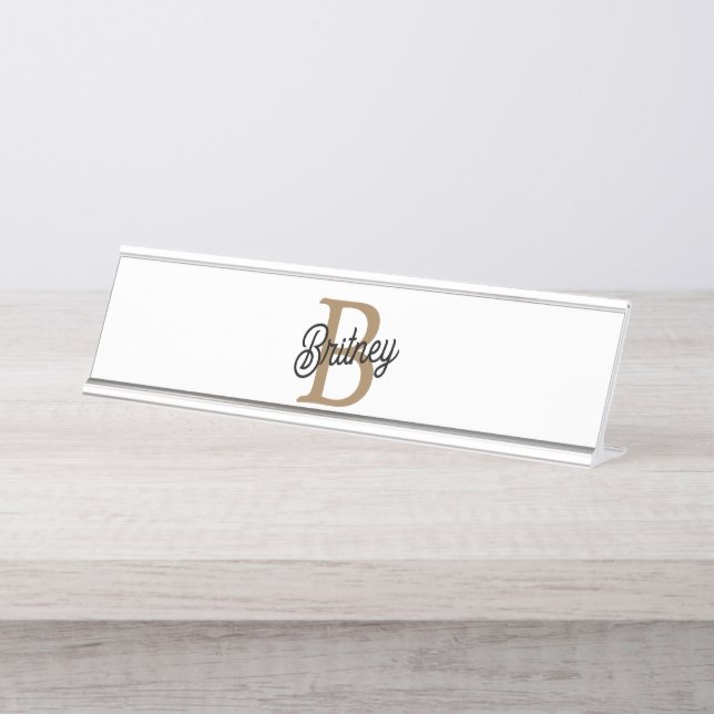 Modern Elegant Monogram Name  Black Gold Script  Desk Name Plate (Front)