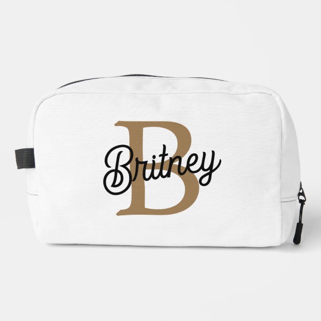 Modern Elegant Monogram Name  Black Gold Script  Dopp Kit (Front)