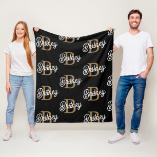 Modern Elegant Monogram Name  Black Gold Script  Fleece Blanket
