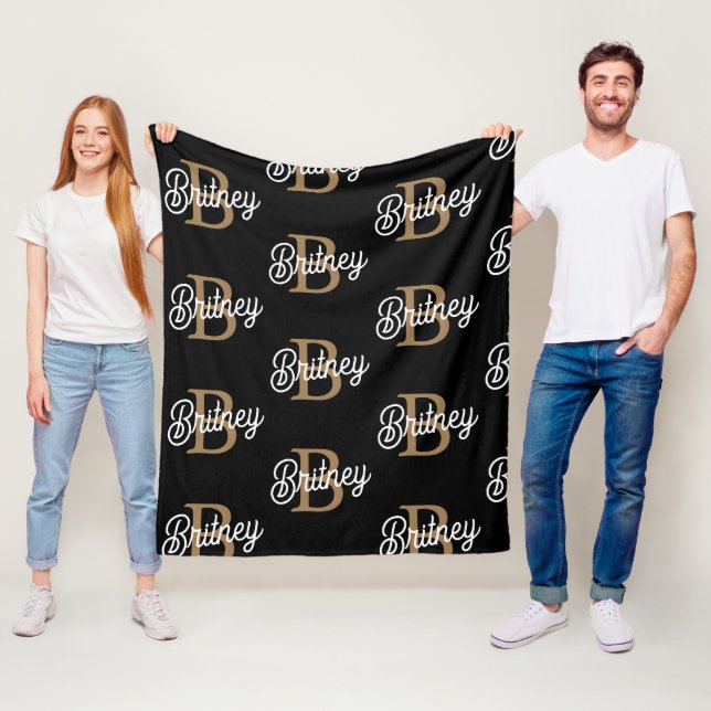 Modern Elegant Monogram Name  Black Gold Script  Fleece Blanket (In Situ)