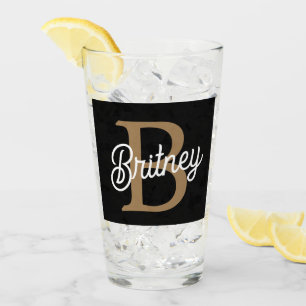 Modern Elegant Monogram Name  Black Gold Script  Glass