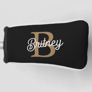 Modern Elegant Monogram Name  Black Gold Script  Golf Head Cover