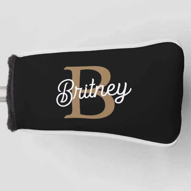 Modern Elegant Monogram Name  Black Gold Script  Golf Head Cover (Front)