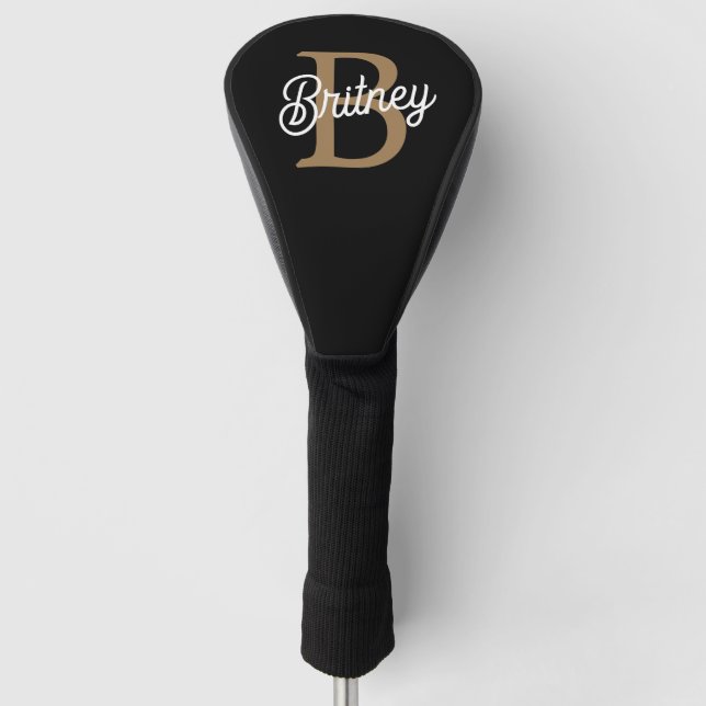 Modern Elegant Monogram Name  Black Gold Script  Golf Head Cover (Front)