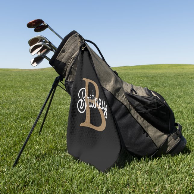 Modern Elegant Monogram Name  Black Gold Script  Golf Towel (Green)