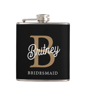 Modern Elegant Monogram Name  Black Gold Script  Hip Flask