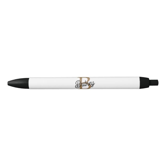 Modern Elegant Monogram Name  Black Gold Script  Ink Pen (Front)