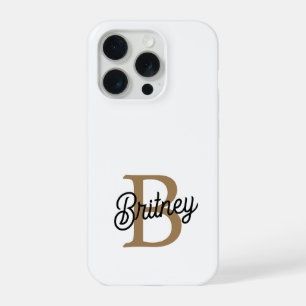 Modern Elegant Monogram Name Black Gold Script iPhone 15 Pro Case