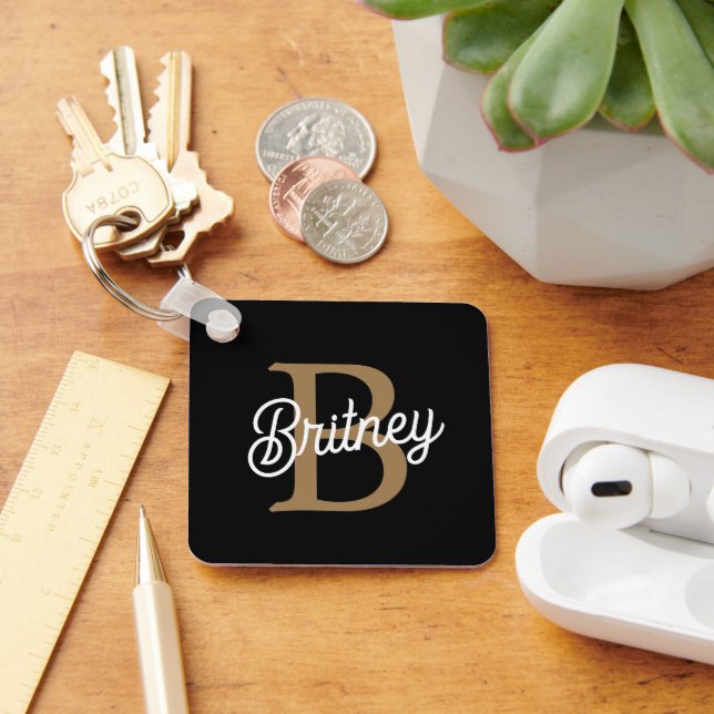 Modern Elegant Monogram Name  Black Gold Script  Key Ring (Desk)