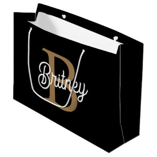 Modern Elegant Monogram Name Black Gold Script Large Gift Bag