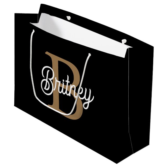 Modern Elegant Monogram Name  Black Gold Script  Large Gift Bag (Front Angled)