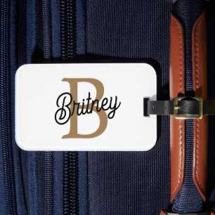 Modern Elegant Monogram Name Black Gold Script Luggage Tag
