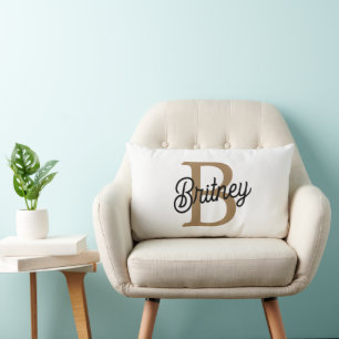 Modern Elegant Monogram Name Black Gold Script Lumbar Cushion