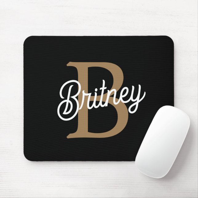 Modern Elegant Monogram Name  Black Gold Script  Mouse Pad (With Mouse)