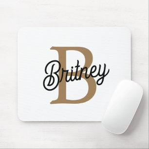 Modern Elegant Monogram Name Black Gold Script Mouse Pad