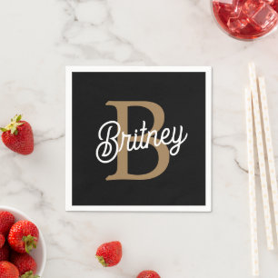 Modern Elegant Monogram Name  Black Gold Script  Napkin