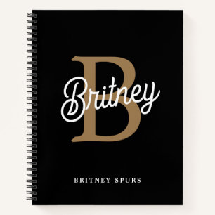 Modern Elegant Monogram Name Black Gold Script Notebook