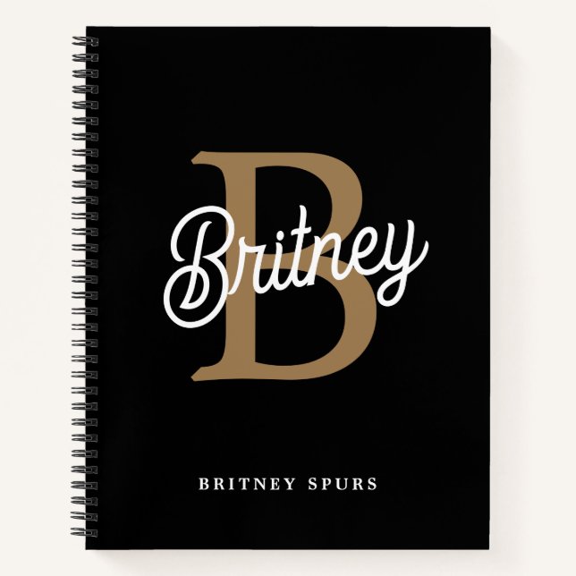 Modern Elegant Monogram Name Black Gold Script Notebook (Front)