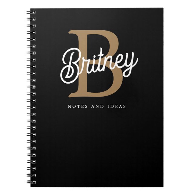 Modern Elegant Monogram Name  Black Gold Script  Notebook (Front)