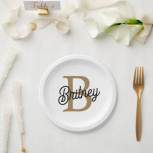 Modern Elegant Monogram Name  Black Gold Script  Paper Plate