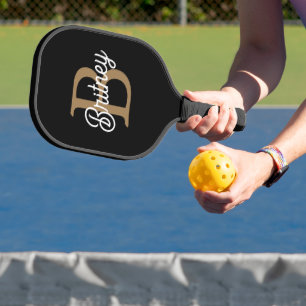 Modern Elegant Monogram Name Black Gold Script Pickleball Paddle