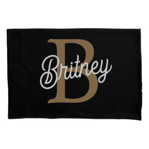 Modern Elegant Monogram Name Black Gold Script Pillowcase