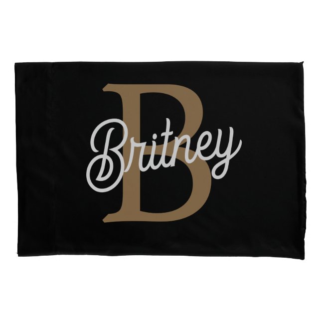 Modern Elegant Monogram Name  Black Gold Script  Pillowcase (Front-Left)