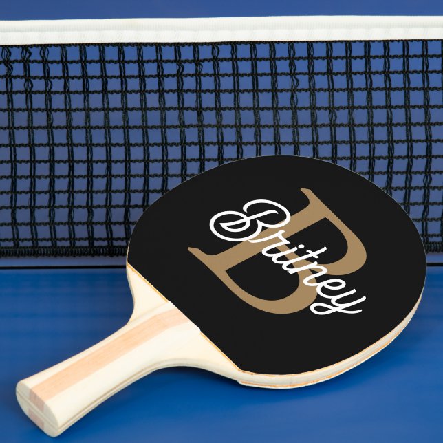 Modern Elegant Monogram Name  Black Gold Script  Ping Pong Paddle (Insitu)