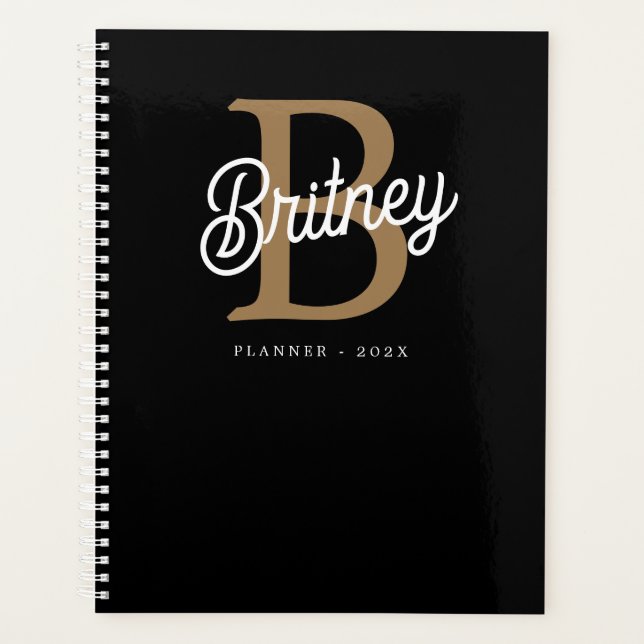 Modern Elegant Monogram Name Black Gold Script Planner (Front)