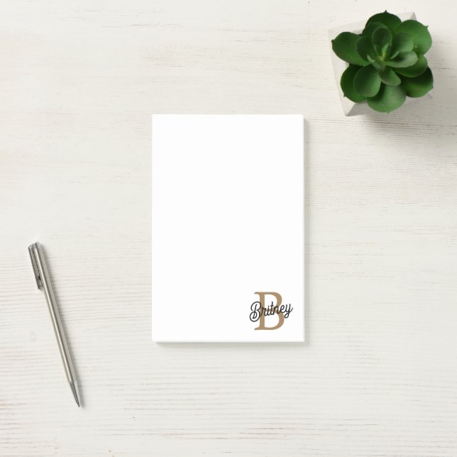 Modern Elegant Monogram Name  Black Gold Script  Post-it Notes (Office)