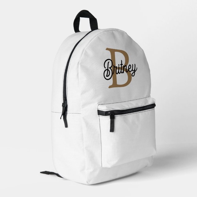 Modern Elegant Monogram Name  Black Gold Script  Printed Backpack (Back Corner Left)