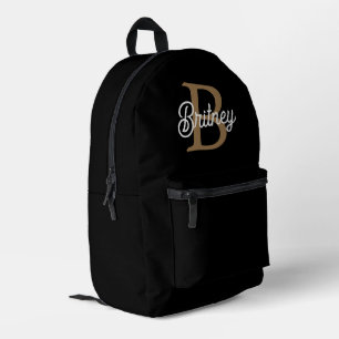 Modern Elegant Monogram Name Black Gold Script Printed Backpack