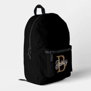 Modern Elegant Monogram Name Black Gold Script Printed Backpack