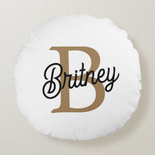 Modern Elegant Monogram Name  Black Gold Script  Round Cushion