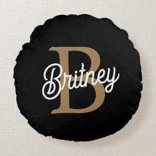 Modern Elegant Monogram Name  Black Gold Script  Round Cushion