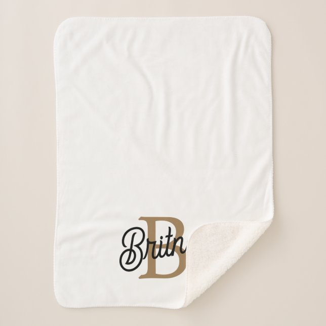 Modern Elegant Monogram Name  Black Gold Script  Sherpa Blanket (Front)
