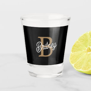 Modern Elegant Monogram Name Black Gold Script Shot Glass