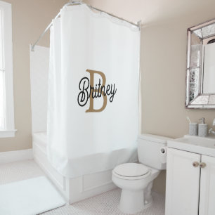 Modern Elegant Monogram Name Black Gold Script Shower Curtain