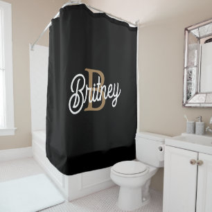 Modern Elegant Monogram Name  Black Gold Script  Shower Curtain