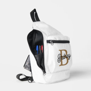 Modern Elegant Monogram Name  Black Gold Script  Sling Bag