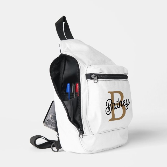 Modern Elegant Monogram Name  Black Gold Script  Sling Bag (Open)