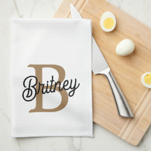 Modern Elegant Monogram Name  Black Gold Script  Tea Towel