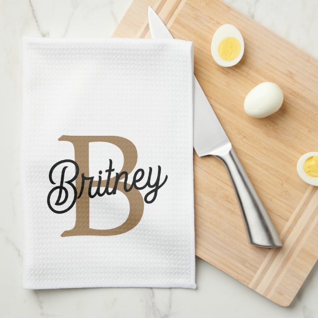 Modern Elegant Monogram Name  Black Gold Script  Tea Towel (Quarter Fold)