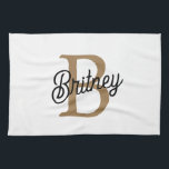 Modern Elegant Monogram Name  Black Gold Script  Tea Towel<br><div class="desc">The Modern Elegant Monogram Name Black Gold Script Kitchen Towel is a chic and functional accessory for any kitchen. It features a stylish black background with elegant gold script, customisable with a monogram and name, offering a personal touch. Made from high-quality, absorbent fabric, this kitchen towel is perfect for drying...</div>