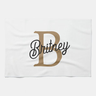 Modern Elegant Monogram Name Black Gold Script Tea Towel