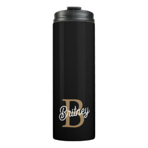 Modern Elegant Monogram Name Black Gold Script Thermal Tumbler