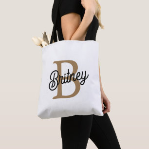 Modern Elegant Monogram Name  Black Gold Script  Tote Bag