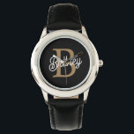 Modern Elegant Monogram Name Black Gold Script Watch<br><div class="desc">The Modern Elegant Monogram Name Black Gold Script Watch is a sophisticated timepiece that combines functionality with luxury. It features a sleek black watch face adorned with a stylish gold script monogram name, creating a refined and personalised look. This watch is designed to add a touch of elegance to any...</div>